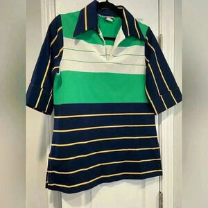 VTG Women’s 70s Pointy Collar V Neck Short Sleeve Split Hem Striped Polo Size M